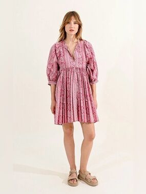 Molly Bracken Boho Red Cream Print Mini Dress Peasant Babydoll XS